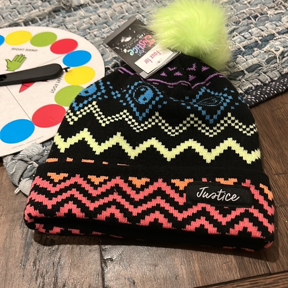 Neon Chevron Faux Fur Pom Top Beanie by Justice - Picture 2 of 8